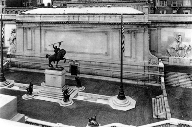 North building and terrace with sculptures by Anna Hyatt Huntington, ca. 1950