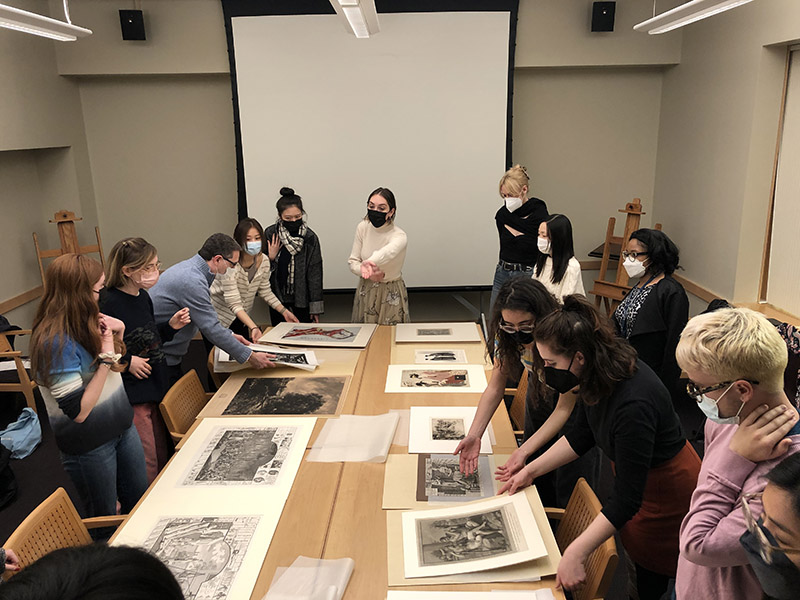 MA students with Roberto C. Ferrari in the Avery seminar room, exploring groupings of the prints based on different curatorial approaches (2/24/22)
