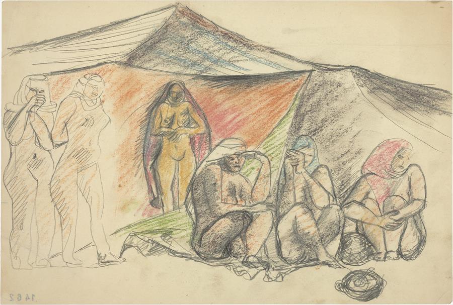 Six, nearly nude women are loosely represented before a mountain-like tent in this horizontal graphite and colored pencil drawing. Three stand on the left side while the other three sit to our right. They all wear headwraps, four colored. 