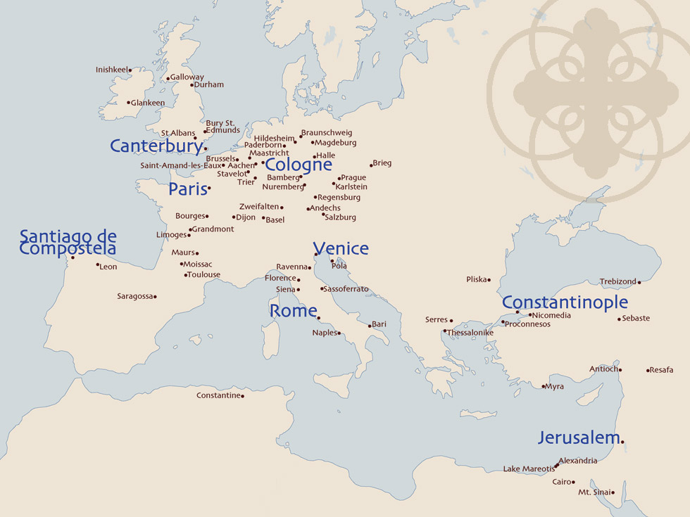 Map of Europe with reliquary locations and major pilgrimage sites