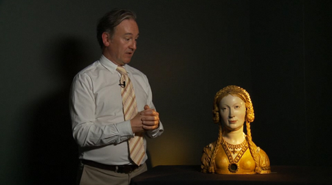 Video still from the British Museum video on the Reliquary Bust of an Unknown Female Saint, Probably a Companion of St. Ursula
